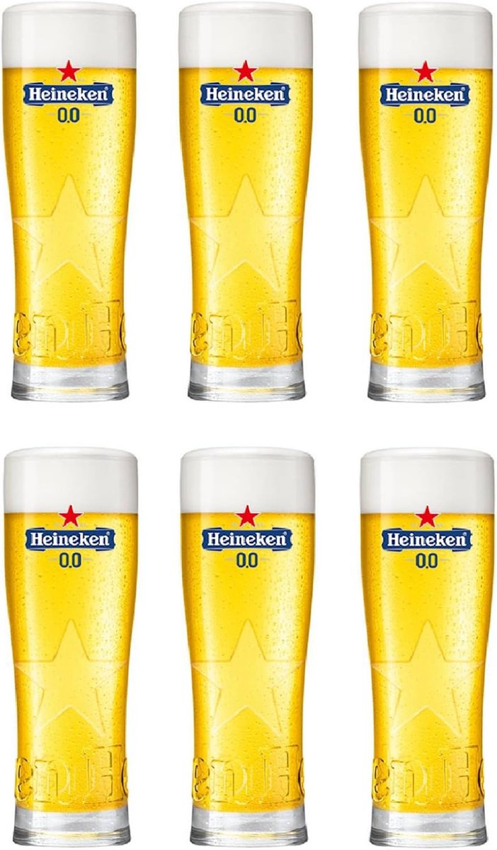 SnelShoppen - Heineken 0.0% Star Glas - 6 x 25 cl - Officieel Bierglas voor Feest, Tuin, Keuken - Perfect voor Alcoholvrije Bierliefhebbers