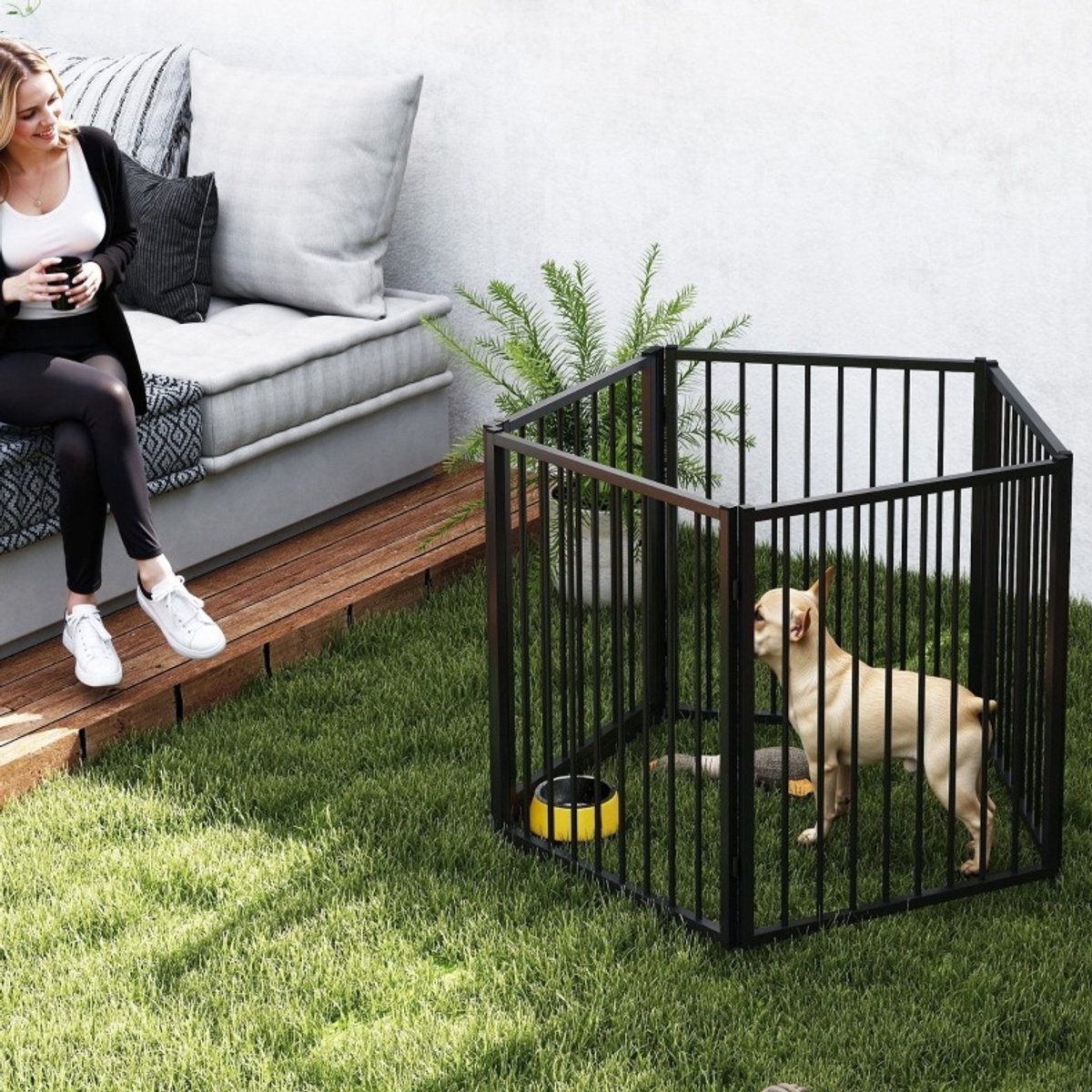 COVREO Puppyren 180 x 60 x 76 cm - zwart staal, 5 panelen, opvouwbaar, met deur
