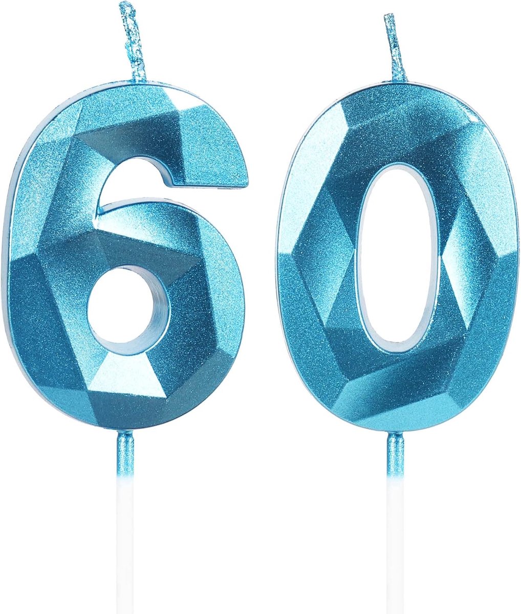 SnelShoppen - Verjaardagscandles 60 Jaar, Blauw Cake Topper Kaarsen voor Feest, Huwelijk, Jubileum, 2 Stuks, 11.5 cm Hoogte, Decoratie voor Mannen en