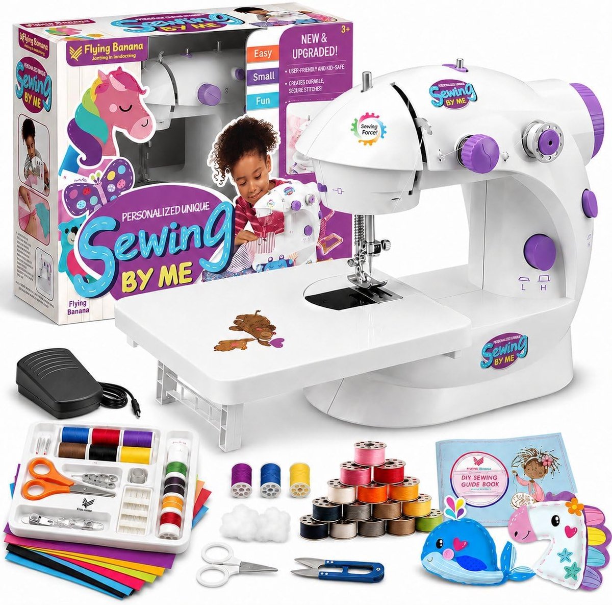 SnelShoppen - Mini Naai Machine met Verlengtafel, 2 Snelheden, 2 Draad, Elektrisch, Draagbaar met Voetpedaal voor Denim, Leren DIY, Wit