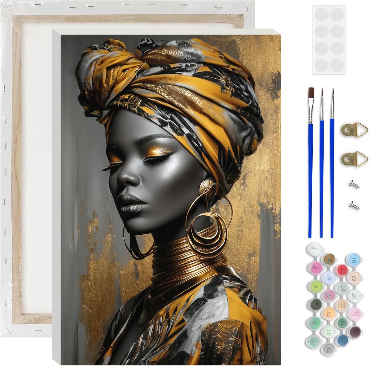 SnelShoppen - Airdea Schilderen op Nummeren voor Volwassenen, DIY Set voor Beginners, Afrikaanse Koningin, Inclusief 3 Penseeltjes en Acrylverf, 20 x