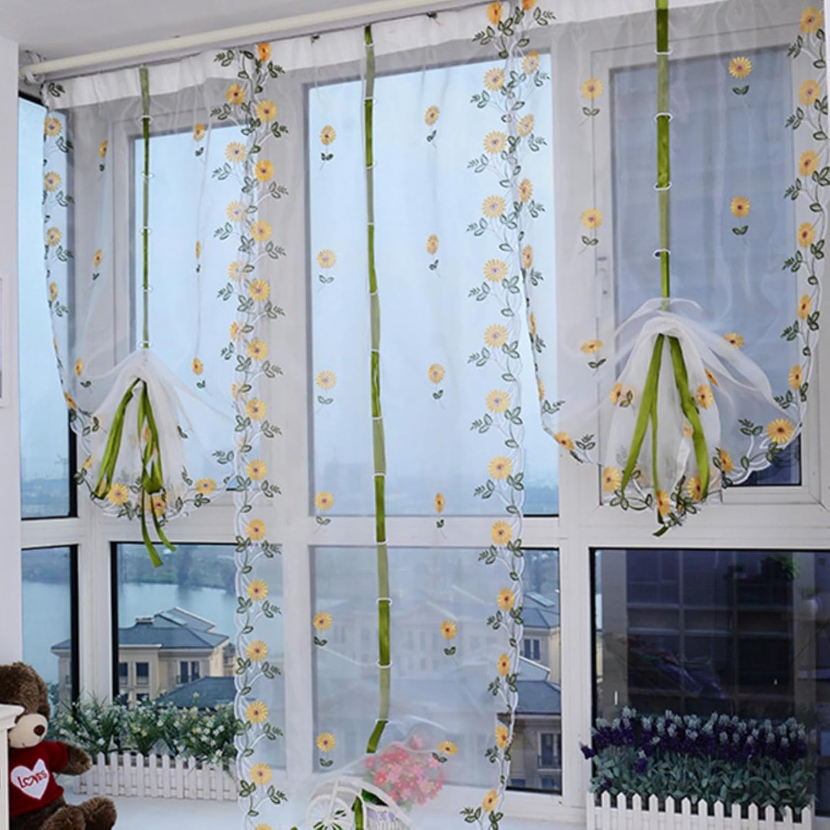 SnelShoppen - Witte Transparante Gordijnen met Zonnebloem Borduurwerk - Tulle Lifting Gordijnen voor Woonkamer en Slaapkamer - 80x100cm - Luxe Raamdec