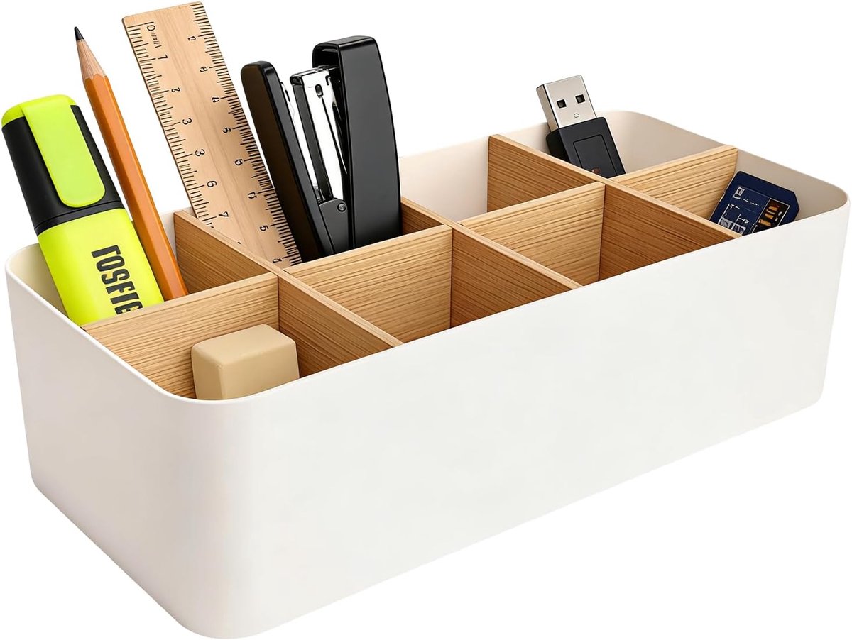 SnelShoppen - Desk Organiser Wit met 8 Compartimenten, Flexibele Bamboo en ABS Penhouder, Cosmetica Organizer voor Kantoor en Badkamer