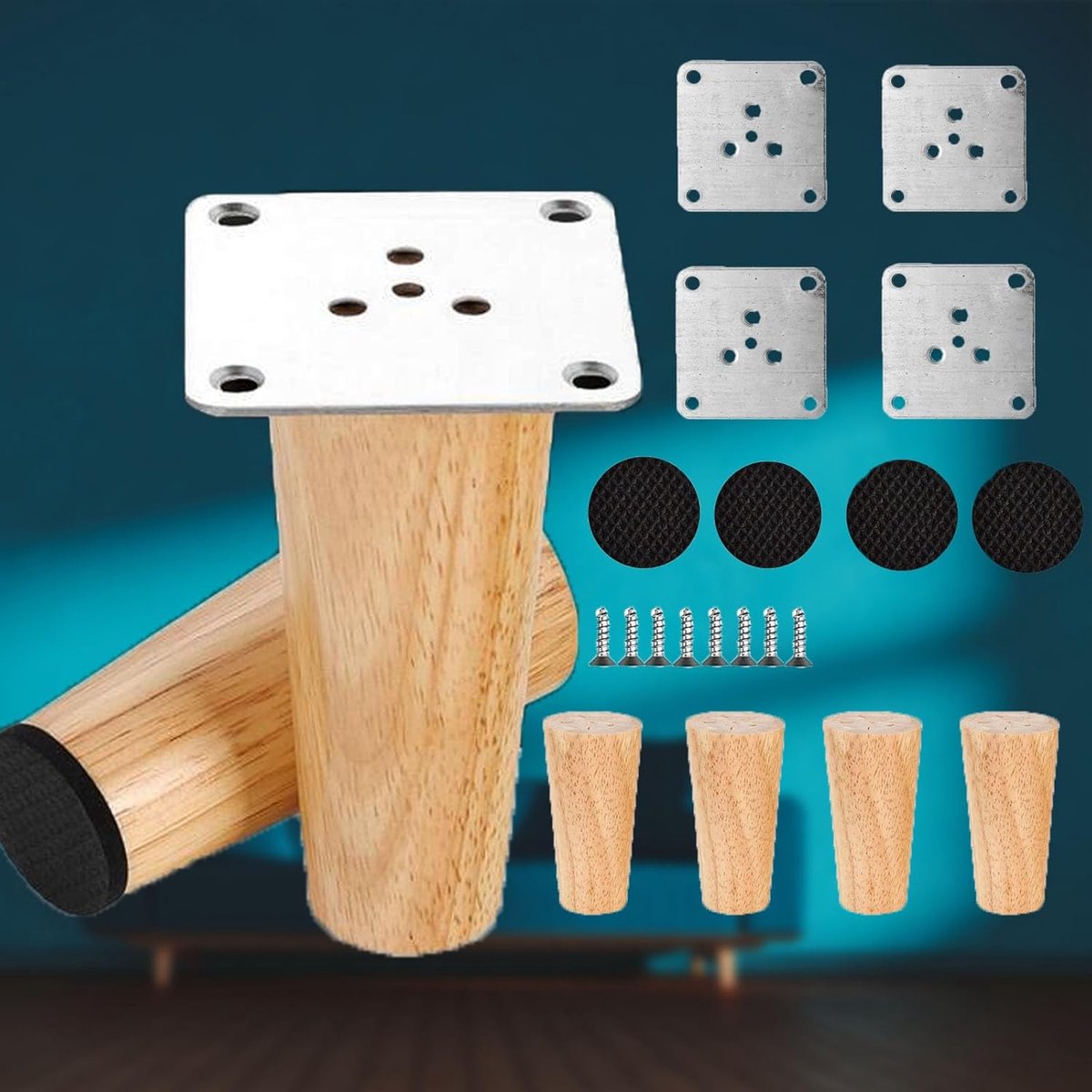 SnelShoppen - 4 Pcs Houten Meubelpoten 8cm, Rechte Tapered Vervangingspoten met Antislip Pads, Schroef en Montageplaat voor Sofa, Tafel, Stoel, Bed, D