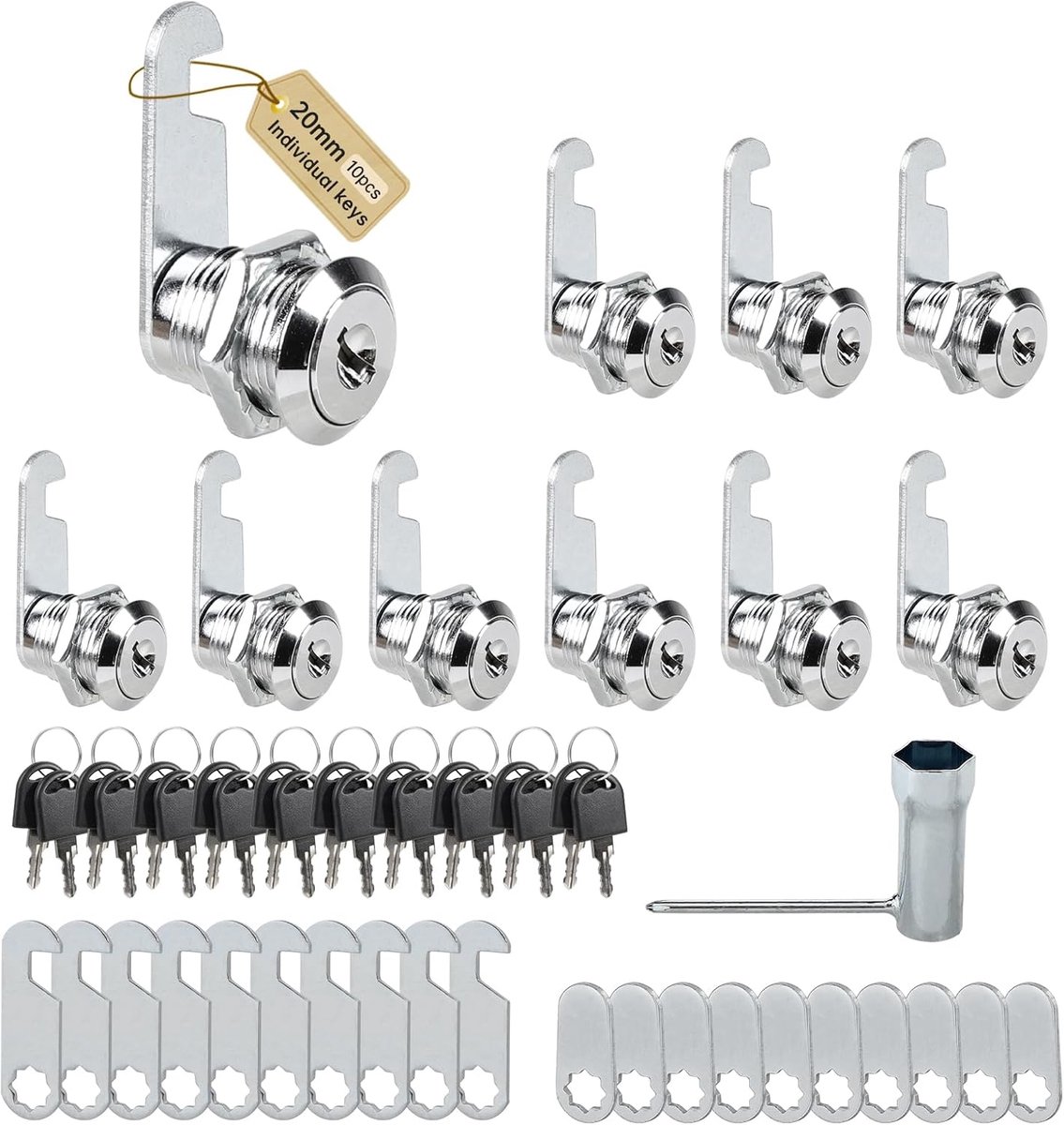 SnelShoppen - 10 Stuks Mailbox Lock 20mm Meubel Slot met 2 Verschillende Slotplaten en 20 Sleutels, Cilinder Cam Slot, Hefboom Slot voor Laden, Kasten