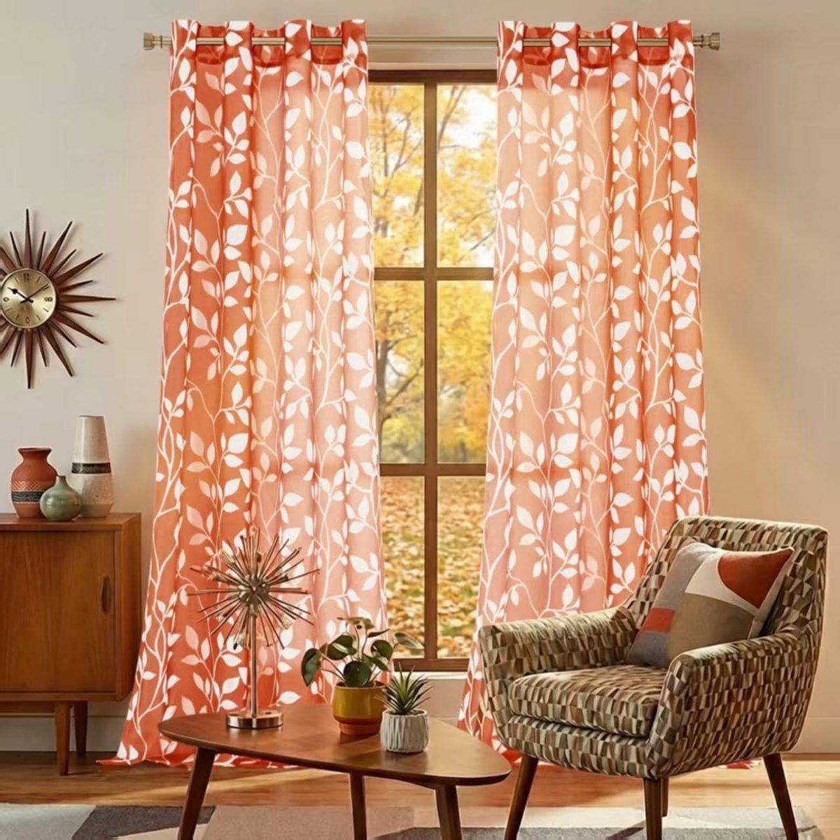 SnelShoppen - Rustieke Burnt Orange Gordijnen 2 Panelen 84 Inch - Decoratieve Bladeren Boho Transparante Raamdecoratie voor Woonkamer en Slaapkamer
