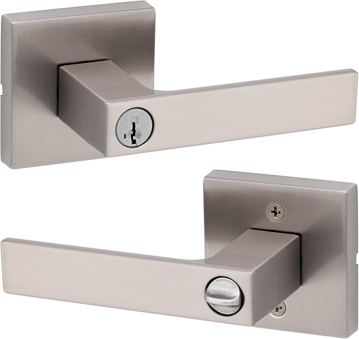 SnelShoppen - Kwikset Singapore Deurhendel met Slot en Sleutel, Omkeerbare Deurhendel voor Slaapkamer, Satin Nickel, Inbraakwerend, SmartKey Herinstel