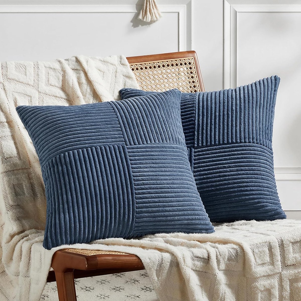 SnelShoppen - Set van 2 Boho Sofa Kussenhoezen 70x70 cm, Corduroy Modern Decoratieve Kussenhoezen met Uniek Kruispatroon in Blauw voor Woonkamer en Sl