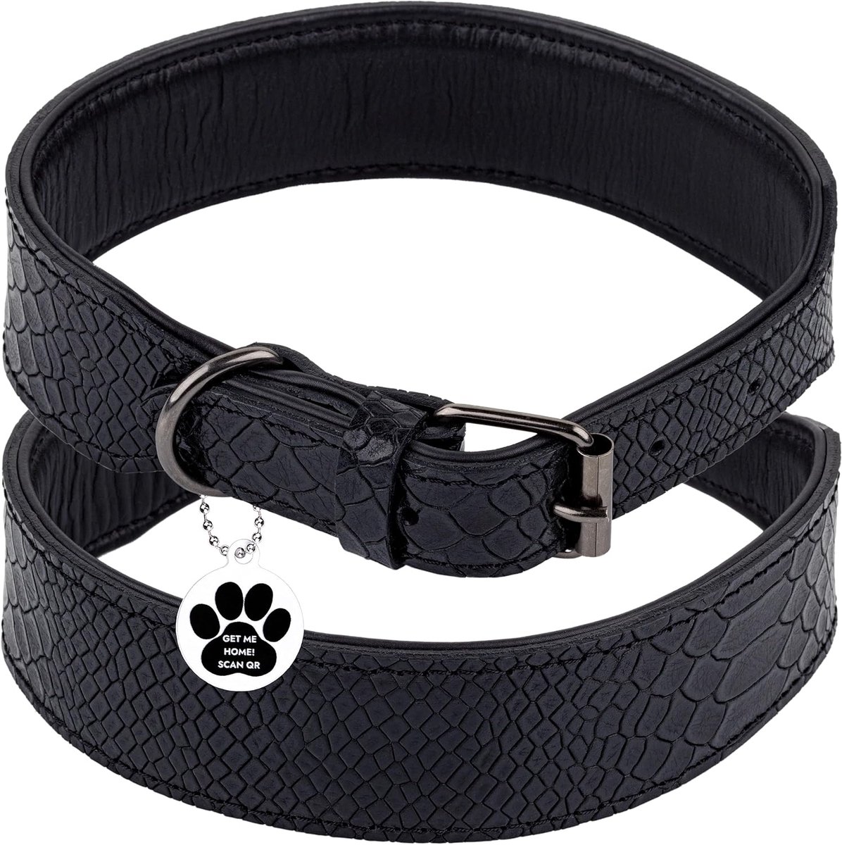 SnelShoppen - Luxe Leren Hondenhalsband Breed met QR Code Pendant - Verstelbare Puppy Halsband van Hoogwaardige Leer - Zacht Gevoerd - Zwart - XS