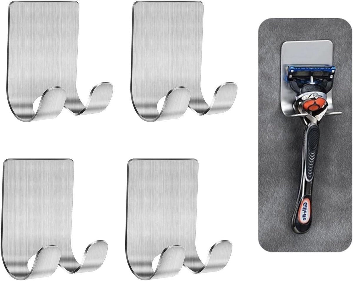 SnelShoppen - Set van 4 Zelfklevende RVS Haken voor Scheren, Organizer voor Keuken, Badkamer, Woonkamer, Slaapkamer, Kantoor - Waterdicht en Roestvrij