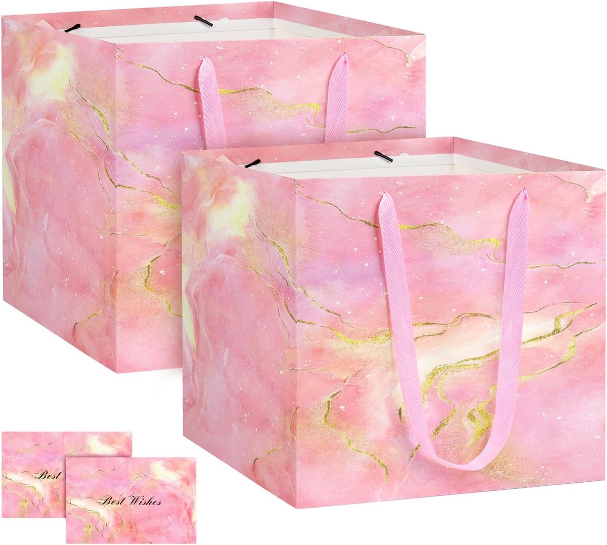 SnelShoppen - 2 Stuks Grote Cadeauzakken Vierkant 30 x 30 x 30 cm - Roze Papieren Zak met Handvatten voor Feest, Bruiloft, Kerst, Sint en Cadeaus