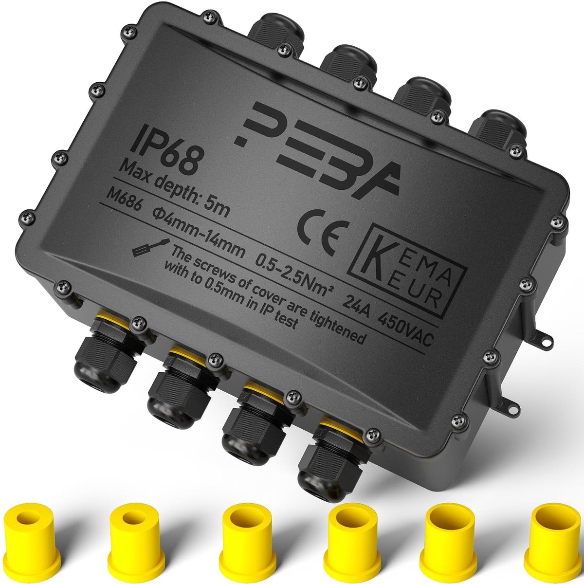 SnelShoppen - PEBA Junction Box IP68 Waterdichte Buiten Kabelverbinder 8-Weg Zwart, Elektrische Verdeler voor 4-14 mm Kabels, Weerbestendig voor Tuin,