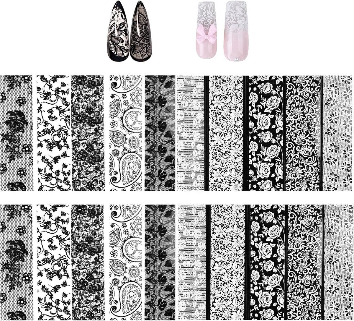 SnelShoppen - Pack van 20 Holografische Transferfolie voor Nagels, Zelfklevende Nagelfilm Stickers, Zwart en Wit Punt, Nagel Wraps Kit voor Manicure e