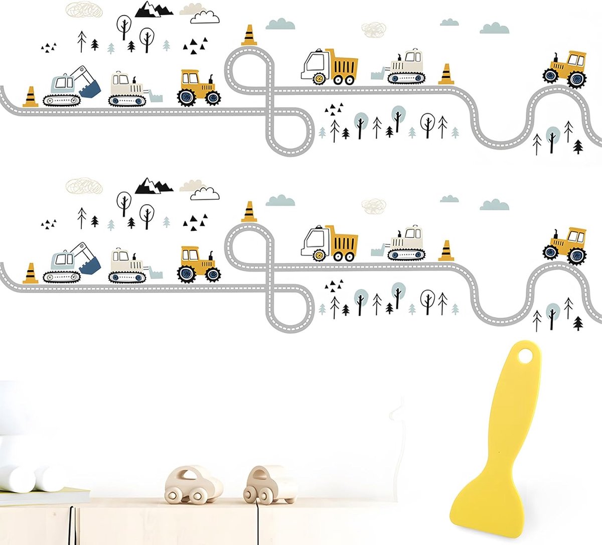 SnelShoppen - 2 vellen muurstickers kinderkamer met schraper, wandtattoo tractor graafmachine auto bouwterrein wanddecoratie jongens babykamer