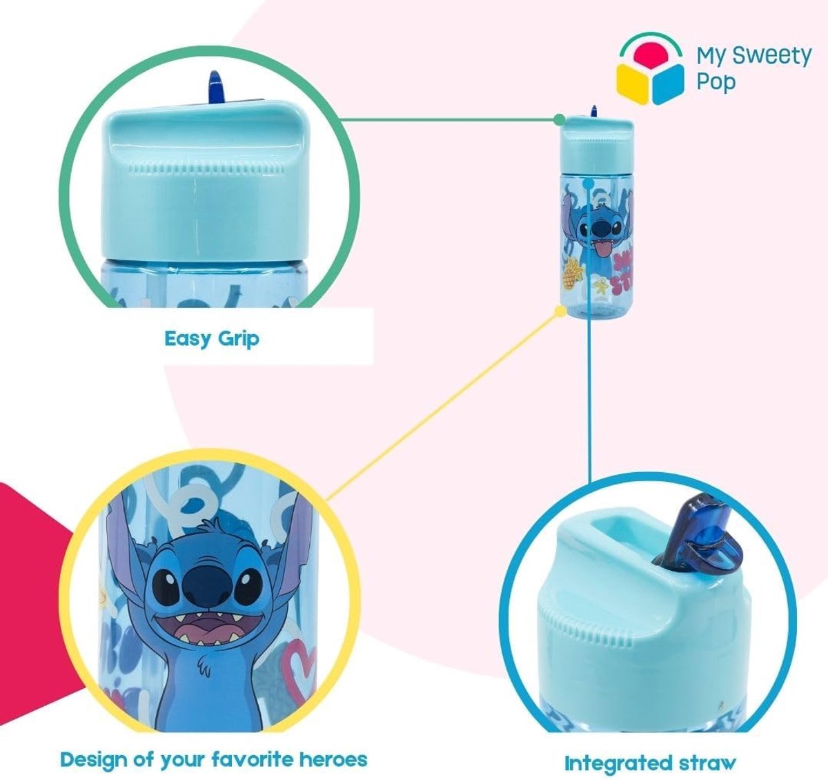 SnelShoppen - Drinkfles voor Kinderen - Plastic Waterfles met Rietje - 430 ml - 18 cm - Voor School, Kindergarten, Vakantie - BPA-vrij - Meisjes