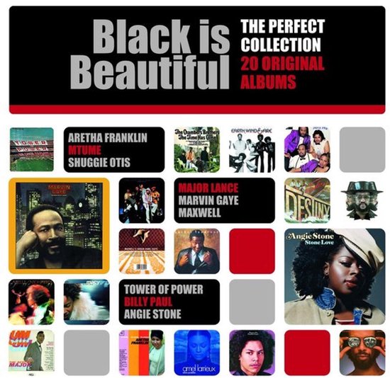 Een collage van albumhoezen, waaronder Aretha Franklin, Marvin Gaye en Angie Stone, met de tekst 'Black is Beautiful The Perfect Collection 20 Original Albums'.