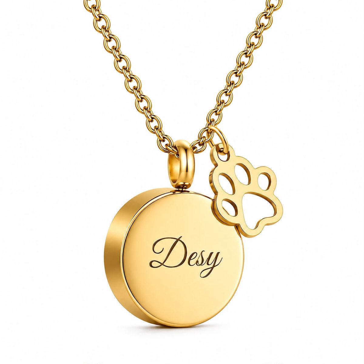 Gepersonaliseerde Ashanger Huisdier met Naam – Asketting Rond met Pootafdruk Bedeltje – Gedenksieraad RVS met Naamgravure – Inclusief Schakelketting – Goud – Petshop Seven