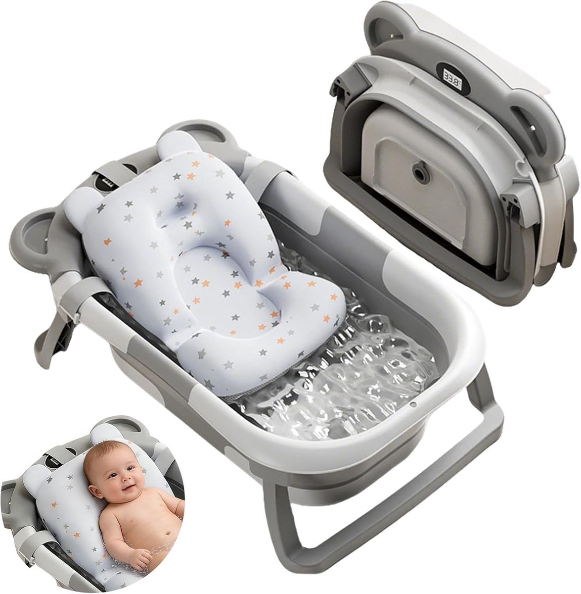 SnelShoppen - Opvouwbaar Babybadje met Temperatuurweergave, Ruimtebesparend en Draagbaar voor Baby's van 0-36 maanden, Inclusief Babybadzitje, Grijs,