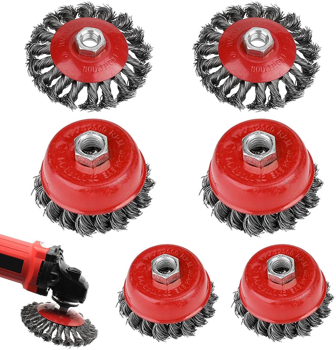 Set van 6 Metaalborstels voor Hoekslijper en Boormachine - Rood Draadborstel, M14 Stalen Borstel voor Roest, Metaal en Hout