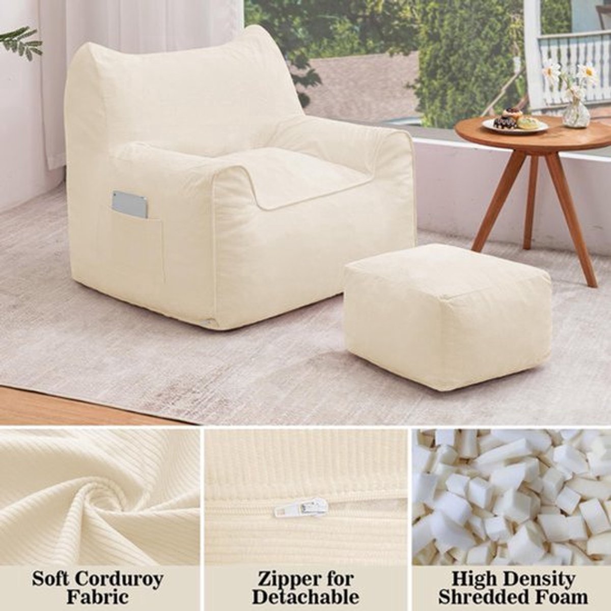 Zitzak – Zitzakstoel – Loungestoel – Beanbag – Fauteuil – Met Voetenbank – Memory Foam Vul