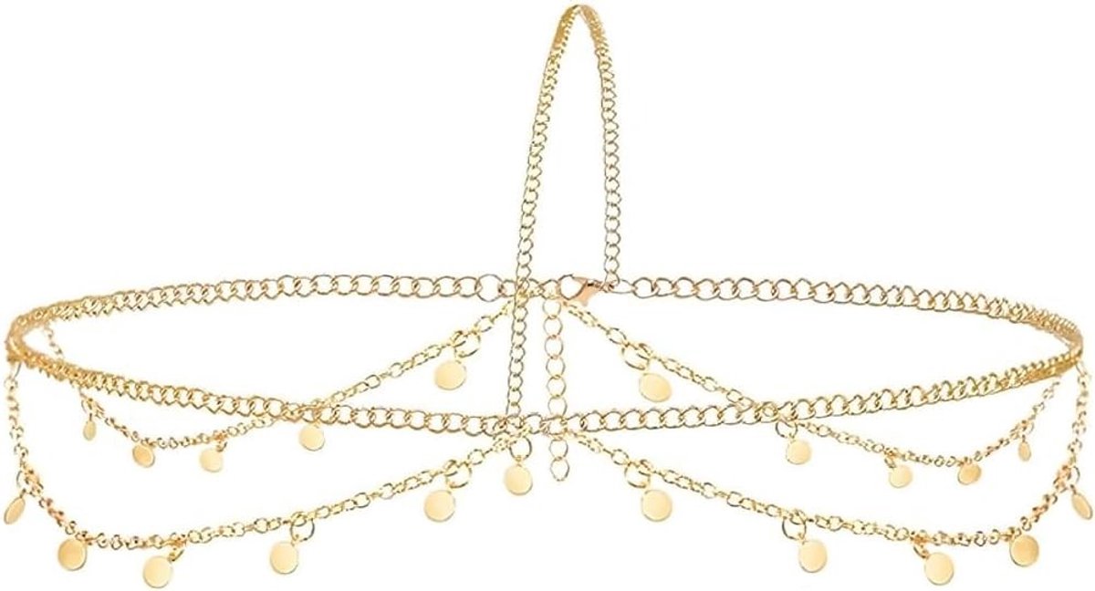 Boho hoofdketting met pailletten en kwastjes, sieraden voor vrouwen en meisjes, haarsieraad voor bruidskostuum en waarzegster stijl (goud)