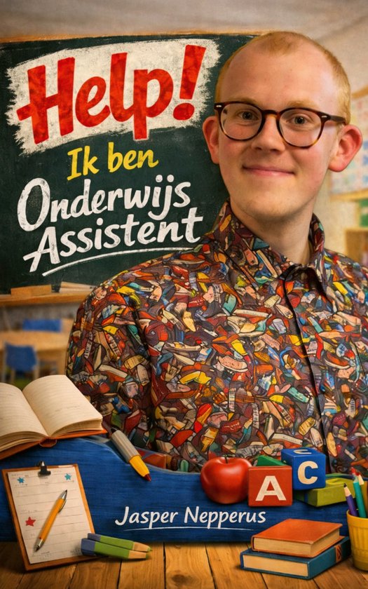 Jasper Nepperus, een jonge man met bril en kleurrijk overhemd, glimlacht voor een schoolbord met de tekst 'Help! Ik ben Onderwijsassistent'.