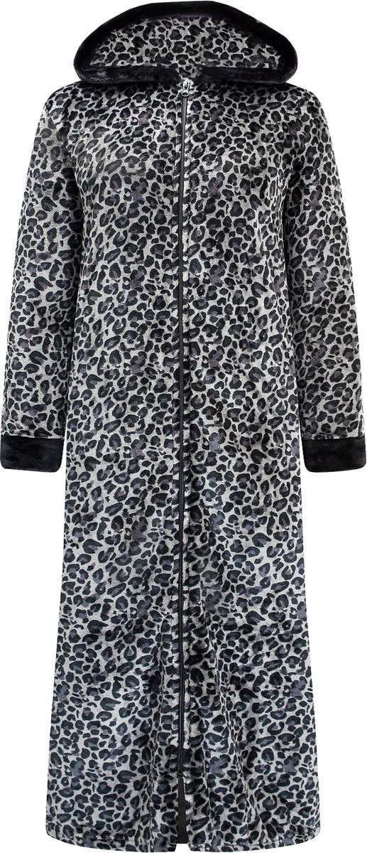 Extra Lange Dames Rits Badjas met Capuchon en Zijzakken - Ochtendjas - Superzacht Coral Fleece - Panterprint Zwart - Maat S/M - 8205-Black