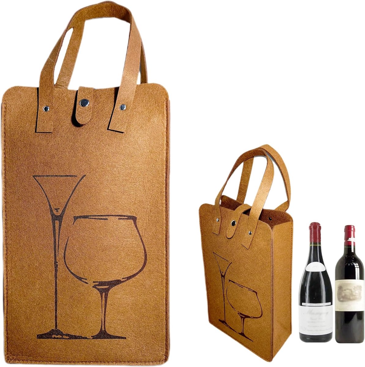 SnelShoppen - Bottle Bag, Beer Carrier, Flessentas, Wijngiftzak, Gevoerde Tas met Handvat, Herbruikbare Flessendrager, Bruin, 21 x 35 cm voor Feest, C