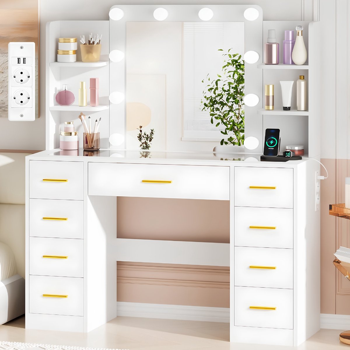 SP® Makeup Tafel - 9 Lades - Kaptafel - Kaptafel met LED Spiegel - Wit - 40cm x 105cm x 140cm