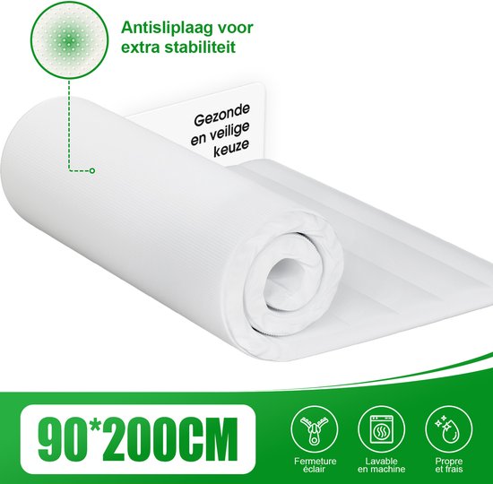 Un matelas blanc enroulé, avec une surface antidérapante agrandie. La taille est de 90x200CM.
