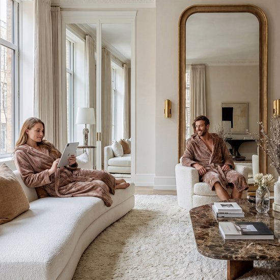 Femme et homme en peignoirs marron, se relaxant dans un salon.
