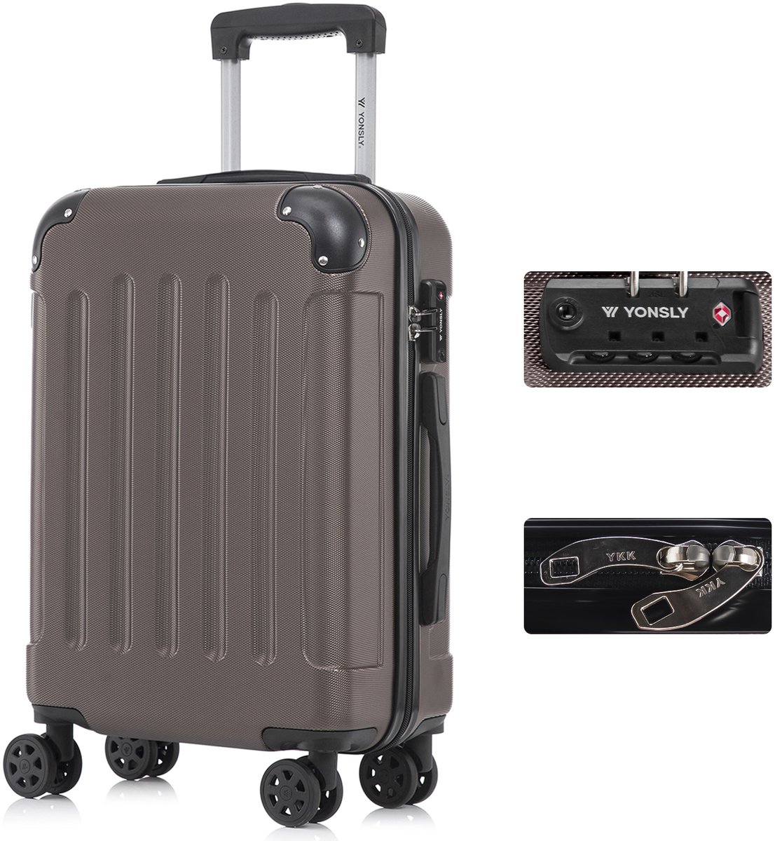 YONSLY Handbagage Koffer - 55cm - 40 L - TSA Slot - YKK Rits - 360° Draaibare Wielen - Braun