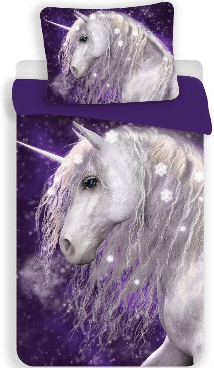 SnelShoppen - Licorne Purple - Dekbedovertrek 140 x 200 cm - 100% Katoen - Inclusief Kussensloop 70 x 90 cm - Geschikt voor Eenpersoonsbedden - Kinder
