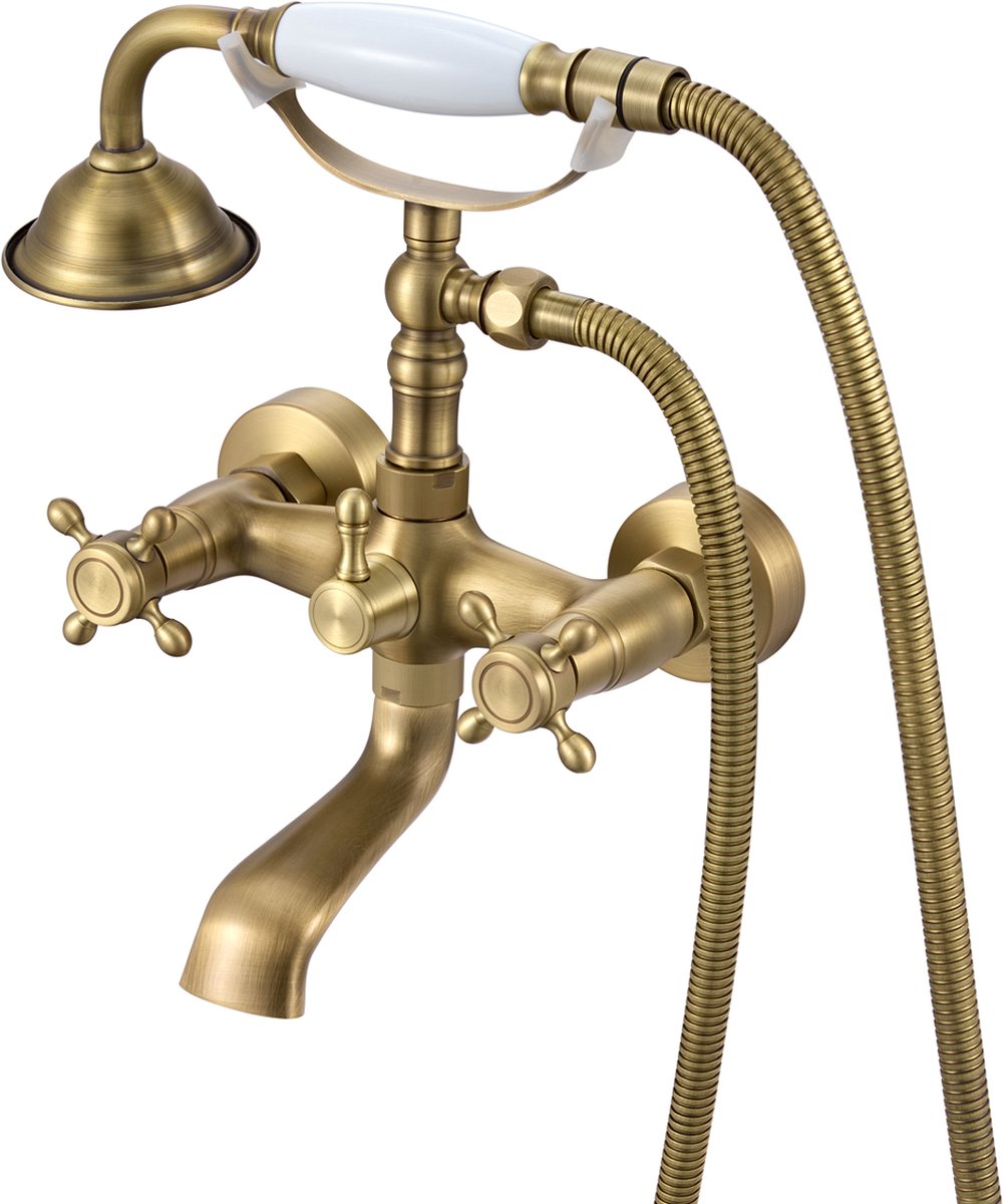 Auralum Max Badkraan - Mengkraan - 150 mm Hartafstand - Retro stijl - Antiek Messing - Doucheset - Met handdouche - Complete Set - Wandmontage - Waterbesparend - Goud