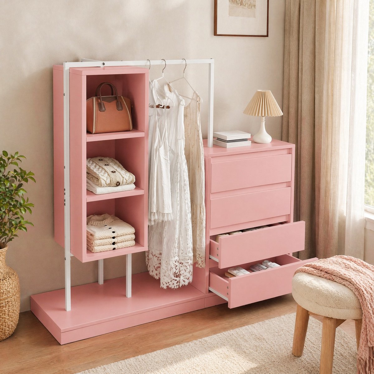 COVREO Kledingkast 140 x 40 x 135 cm - roze wit, met lade(s) en hanggedeelte Pink