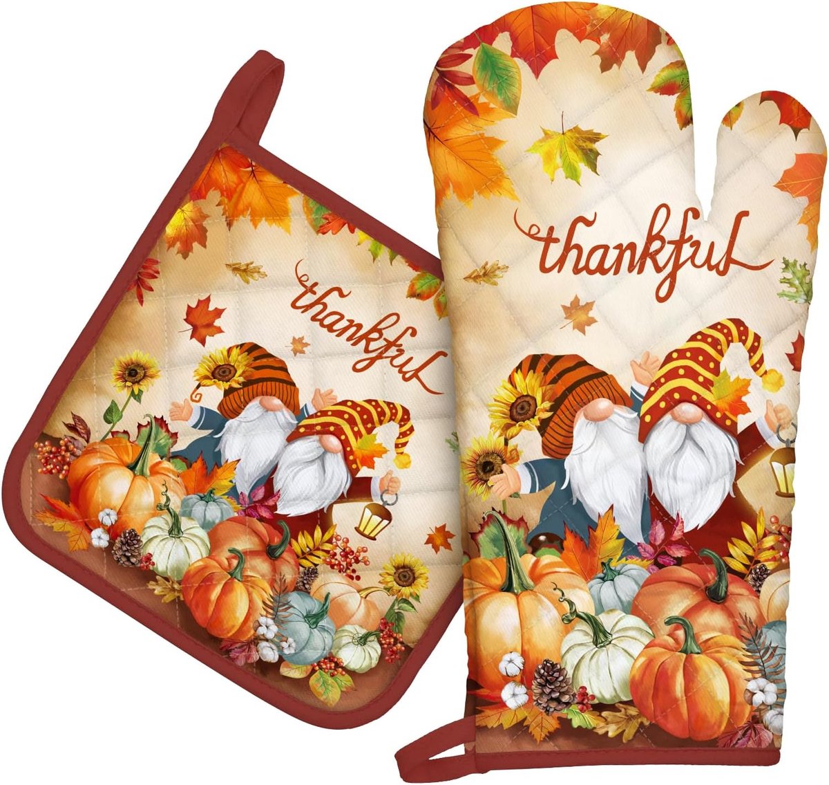SnelShoppen - Fall Pumpkin Gnome Oven Mitts en Potholders Set 2pcs, 100% Katoen, Hittebestendige Extra Lange Ovenhandschoenen voor Keuken, Koken, Bakk