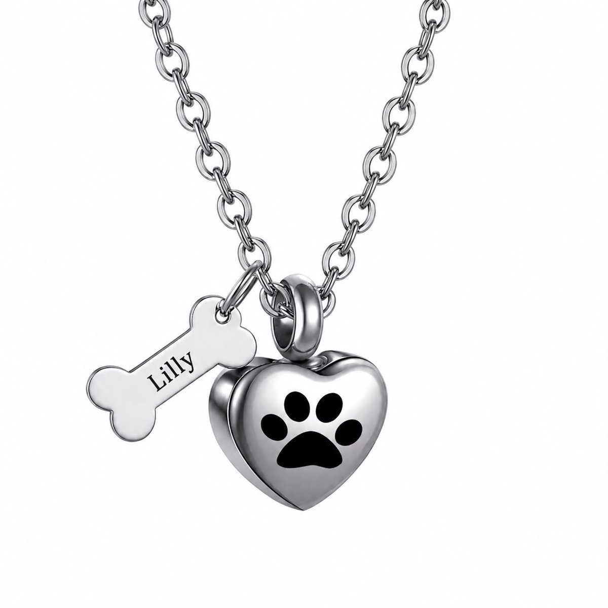 Asketting Huisdier met Naam – Zilver – Gepersonaliseerde Ashanger Hond & Kat – RVS Ashanger Hart en Hondenbotje – Ashanger huisdier graveren – Petshop Seven