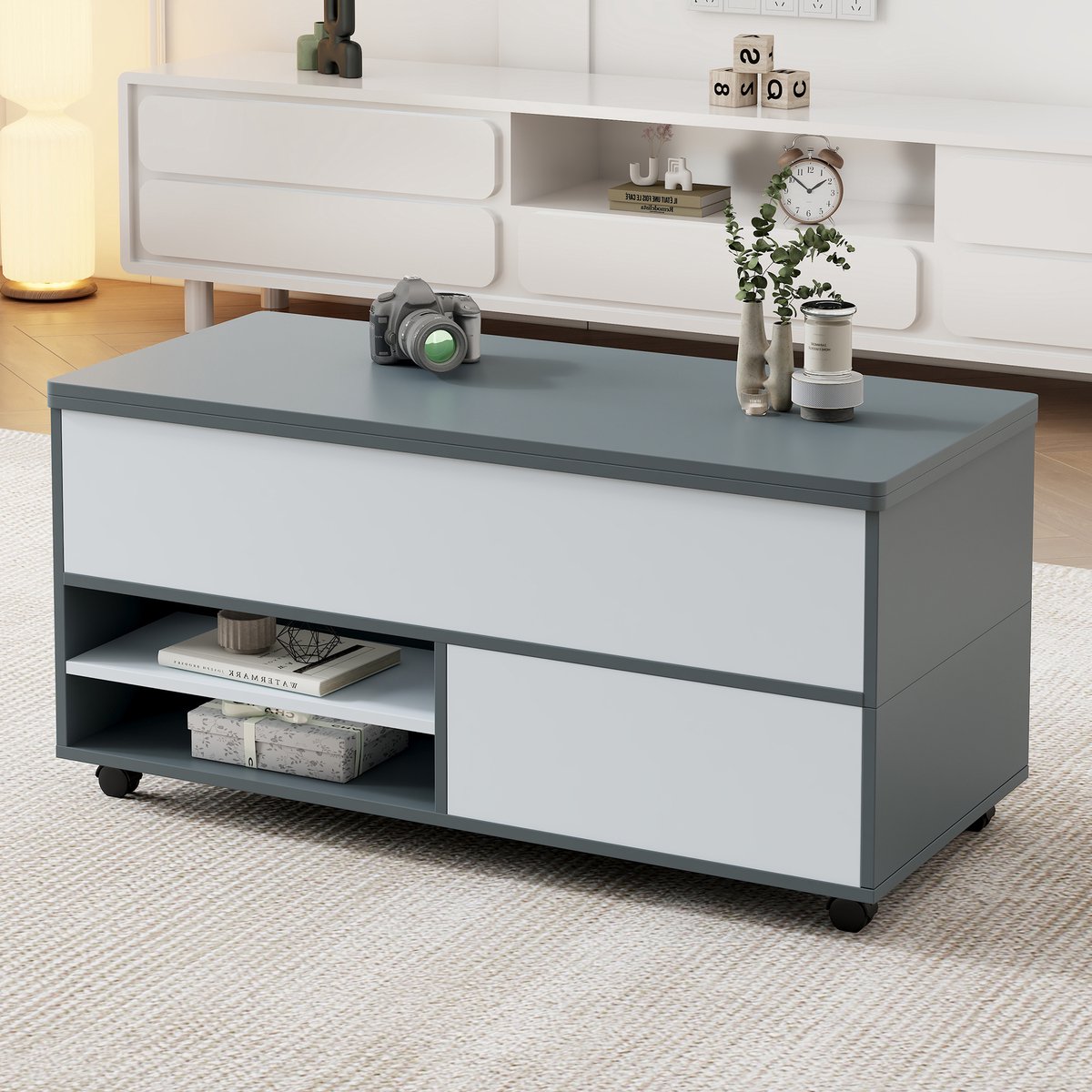 COVREO Salontafel 100 x 98 x 65 cm - grijs wit, hoogte verstelbaar, opbergruimte