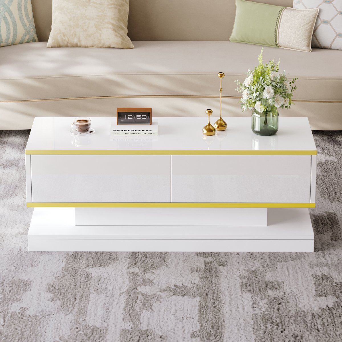COVREO Salontafel 100x50x38 cm – wit, hoogglans, 2 lades en gouden rand Warmwit