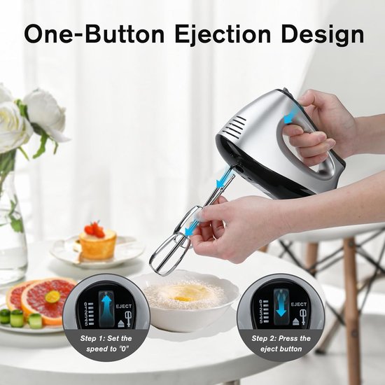 SnelShoppen - Elektrische Handmixer met 5 Snelheden en Turbo Knop, Anti-Spat Garde, 300W, Inclusief 6 RVS Opzetstukken, Perfect voor Bakken in de Keuk van Snelshoppen — afbeelding 2