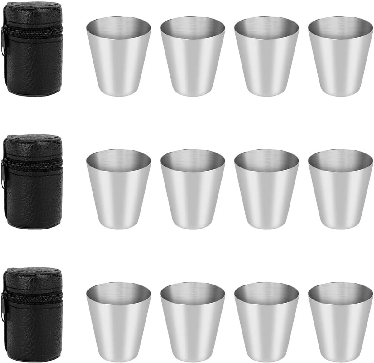 SnelShoppen - 12 Stuks RVS Shotglazen Set van 30ml, Compact en Stackable met 3 Opbergzakken, Ideaal voor Camping, Hiking, Picknick en Reizen