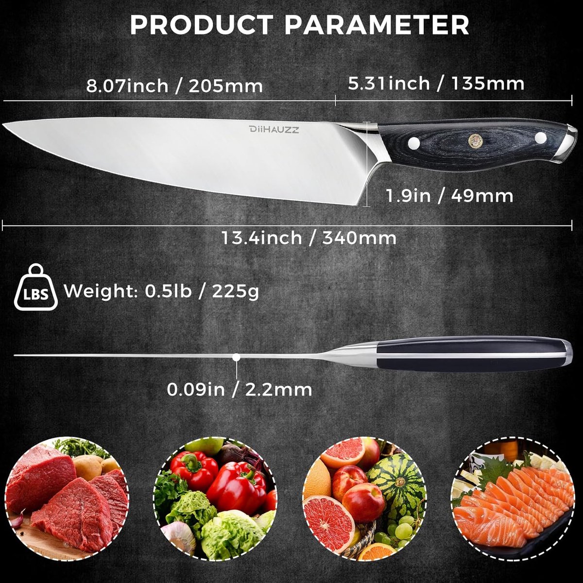 SnelShoppen - DiiHAUZZ Keukenmes 20 cm - Professioneel Koksmes - Rvs Snijmes voor Vlees, Groenten en Fruit - Handvat Ergonomisch en Duurzaam - Keukena