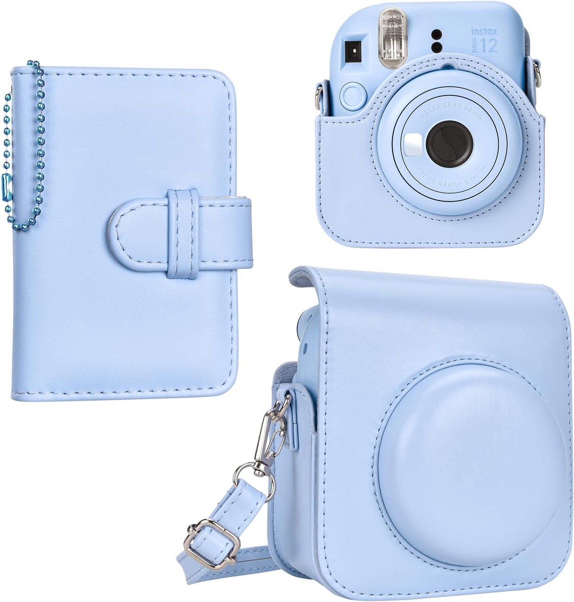 SnelShoppen - Beschermende Leren Case voor Fujifilm Instax Mini 12 Instant Camera - Pastel Blauw - Duurzaam en Stijlvol - Inclusief Mini Foto Album -