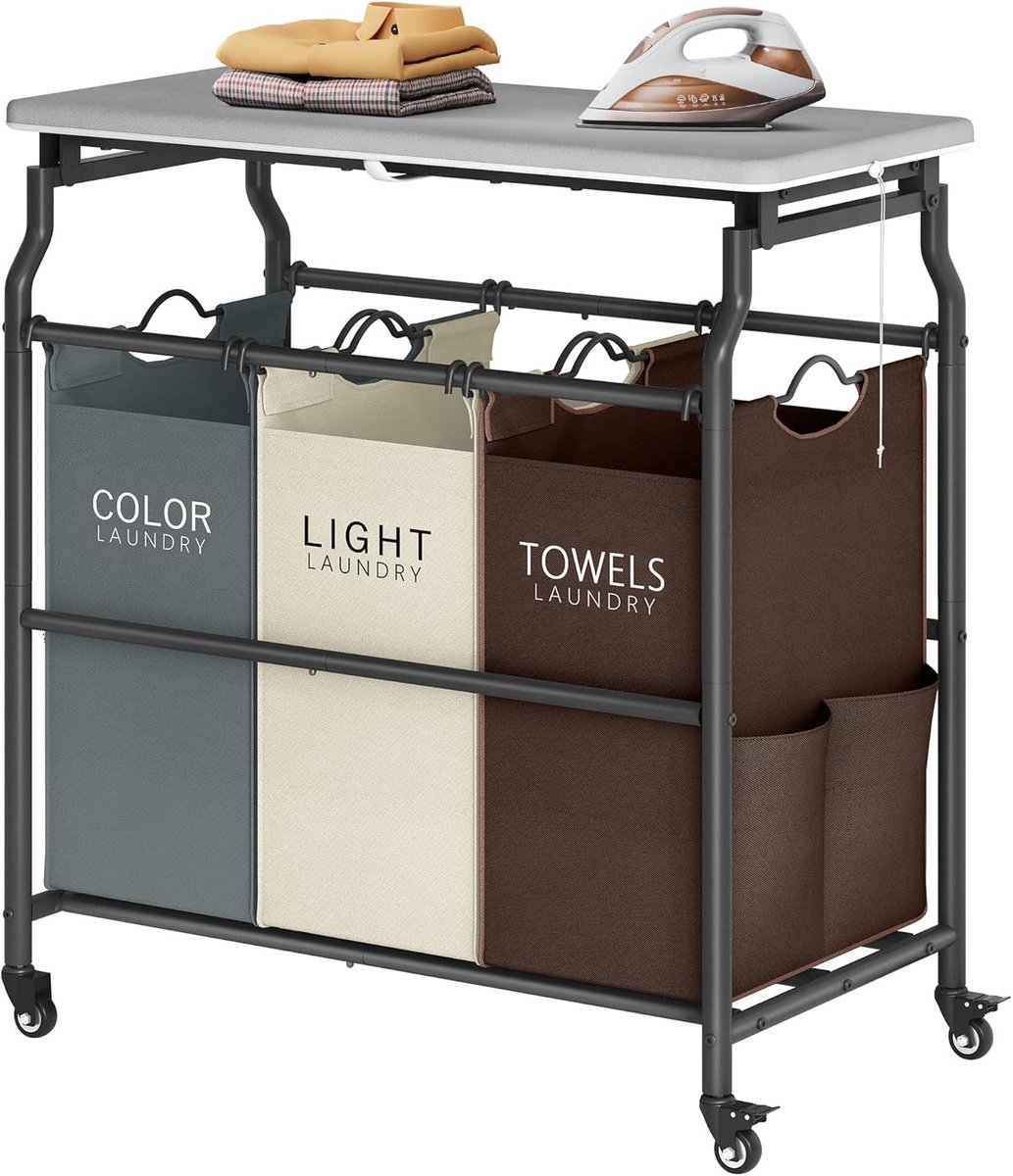 SnelShoppen - 3-delige wassorteerder kar met strijkplank, wasmand met plank en wielen, zware kledingorganizer met verwijderbare zakken, bruin+grijs+be