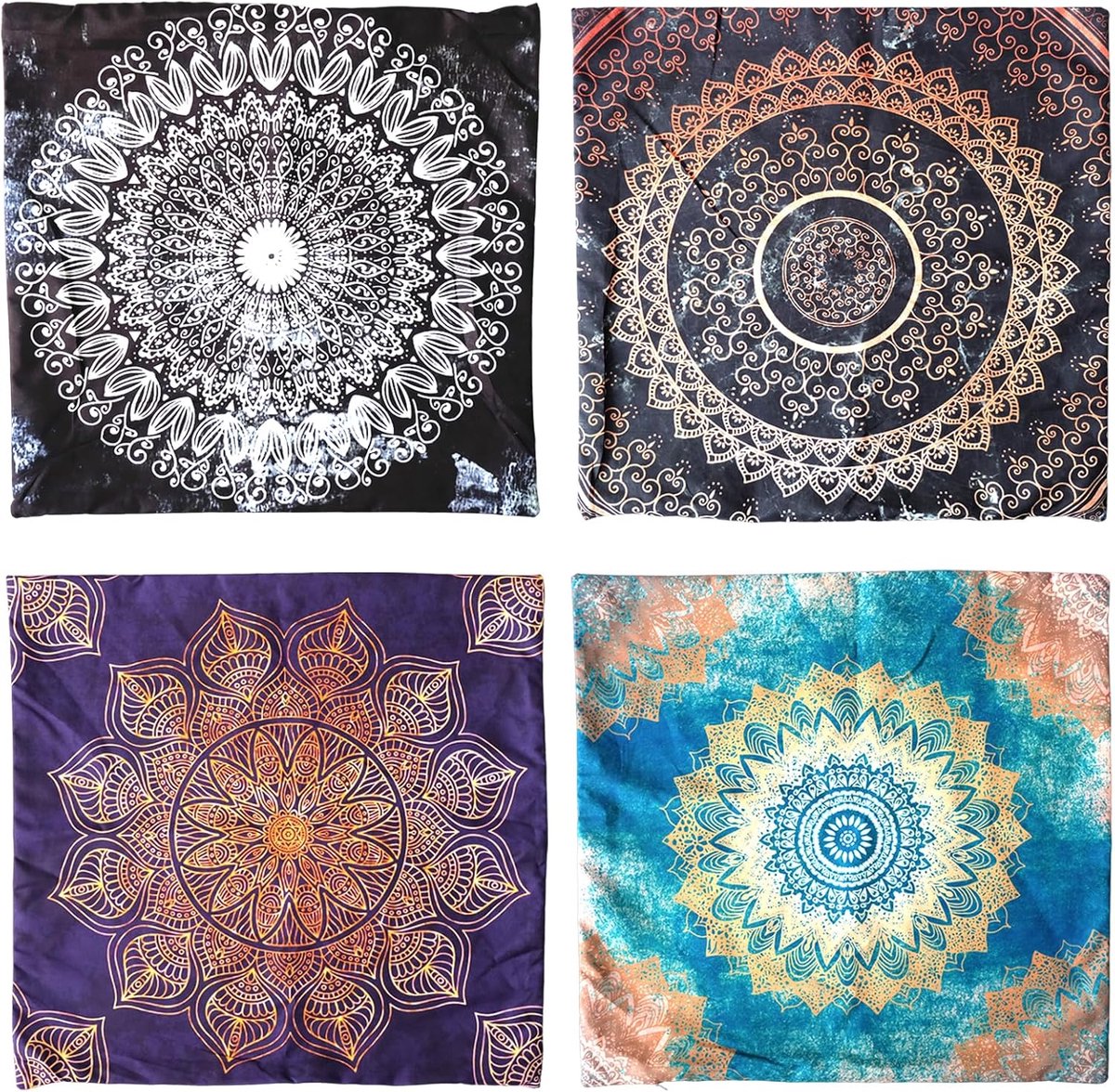SnelShoppen - 4 Stuks Kussenhoezen Mandala Bloem Motief, Ethnic Boho Kussenhoezen van Katoen en Linnen, Perfect voor Woonkamer, Bank, Bed en Auto