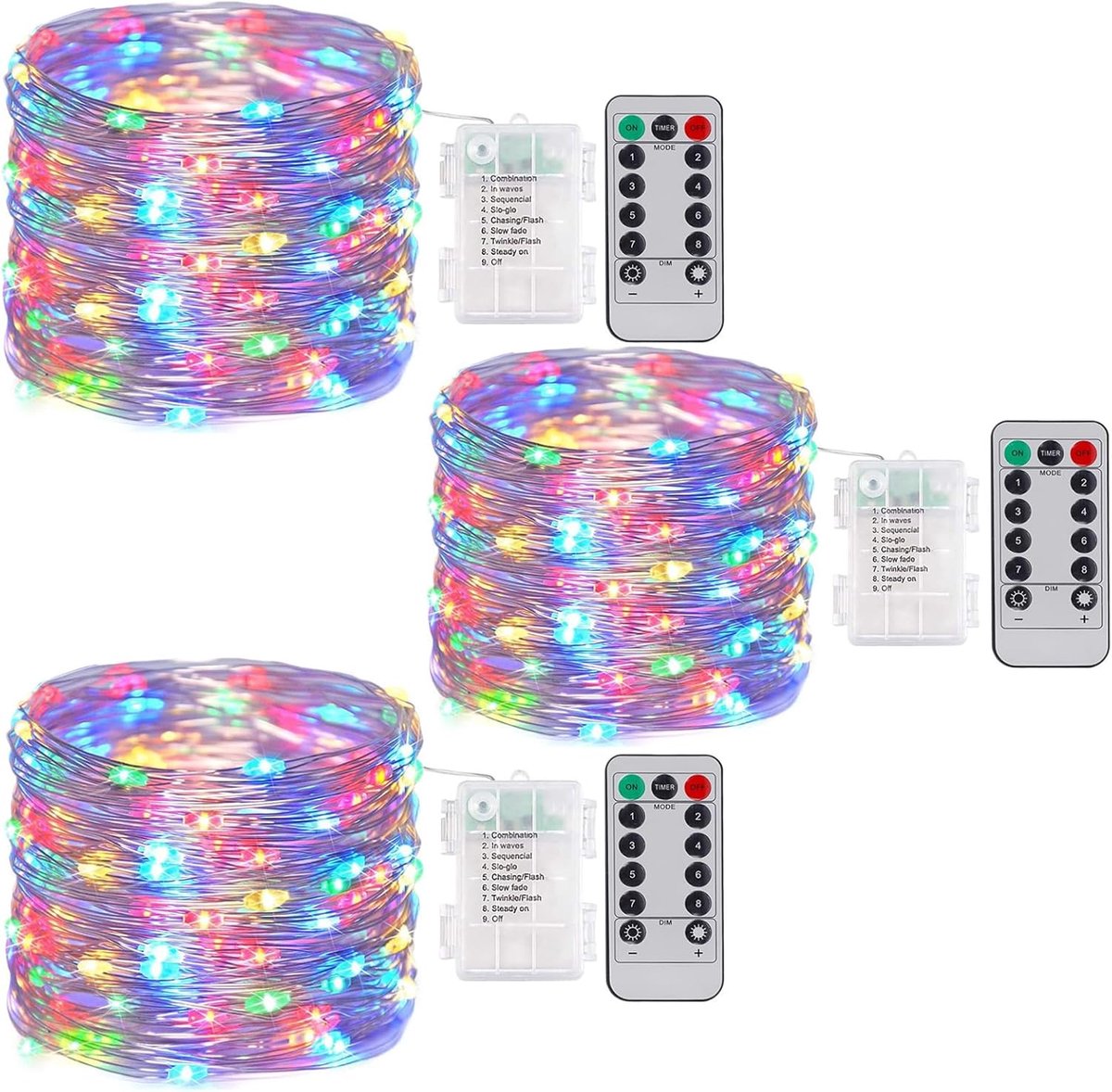 SnelShoppen - Batterij Aangedreven Sfeerverlichting met Afstandsbediening, 3 Stuks, 10 Meter, 100 LED's, Waterdicht met Timer, 8 Modus, DIY Sfeerlampe