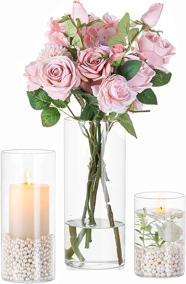 SnelShoppen - Set van 3 Cylindrische Glazen Vazen voor Tafel Decoratie - 3mm Wanddikte - Perfect voor Bloemarrangementen, Kaarsen en Bruiloften - Robu