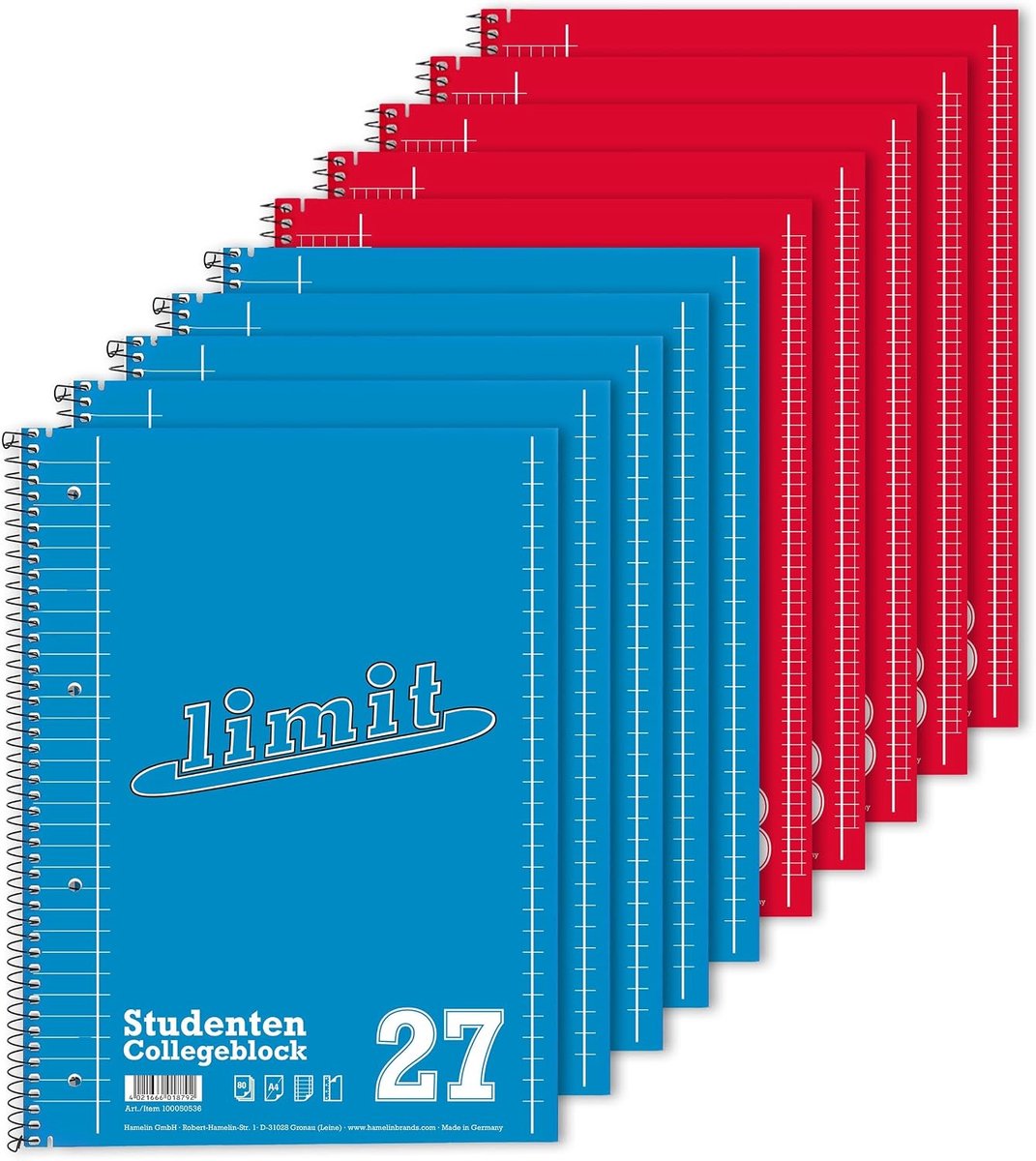 SnelShoppen - Limit A4 College Block Set van 10, 80 Vel, Gelinieerd en Geverfd met Rand, Ideaal voor Studenten en Kantoor, 60 g/m² Papier