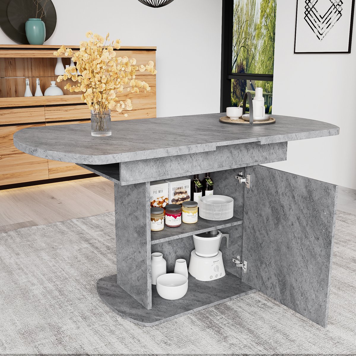 COVREO Eettafel 110/130x70x75 cm – grijs, uitschuifbaar, met opbergruimte