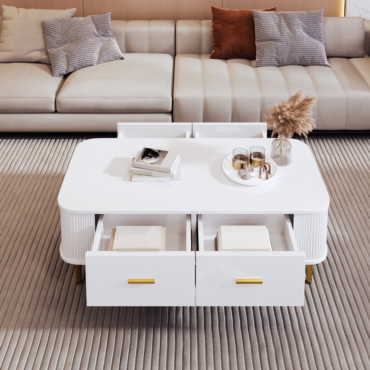 COVREO Salontafel 105x51x38 cm – wit MDF, 4 lades, afgeronde hoeken